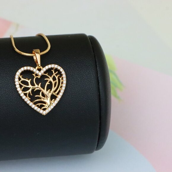 "Rose Gold Heart Pendant with Tree of Life Design and Crystal Border, XPPT1480 - Picture 3 of 12